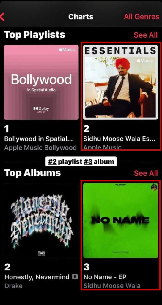 Sidhu Moose Wala Songs No Name EP and Essentials Ranks On Apple Music Chart India 